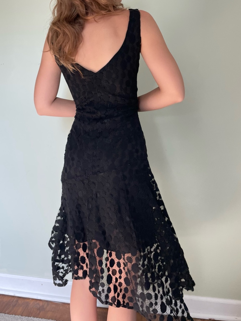 Stunning Y2K Whimsy Goth Wednesday Adams Black Lace Dot Midi Dress V-Neck V-Back
